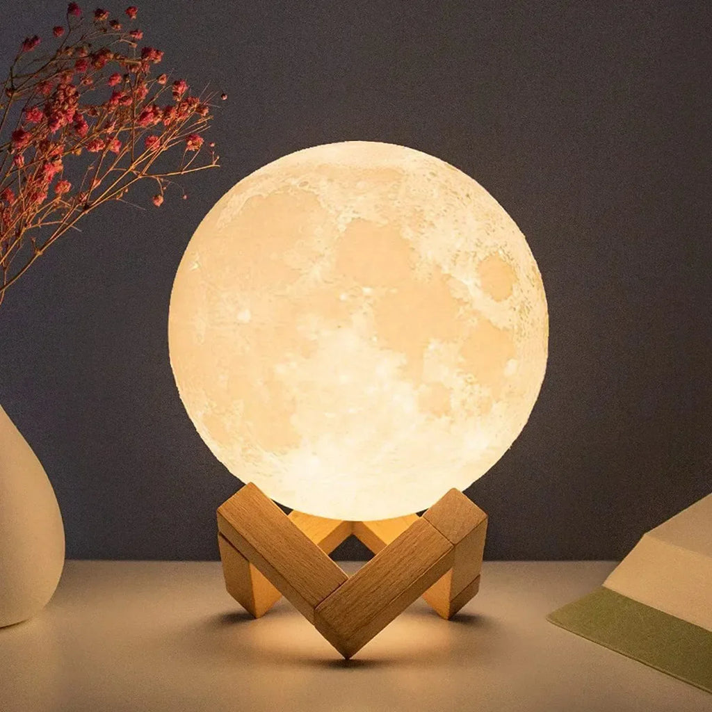 Lampe Lune LED sur Support en Bois