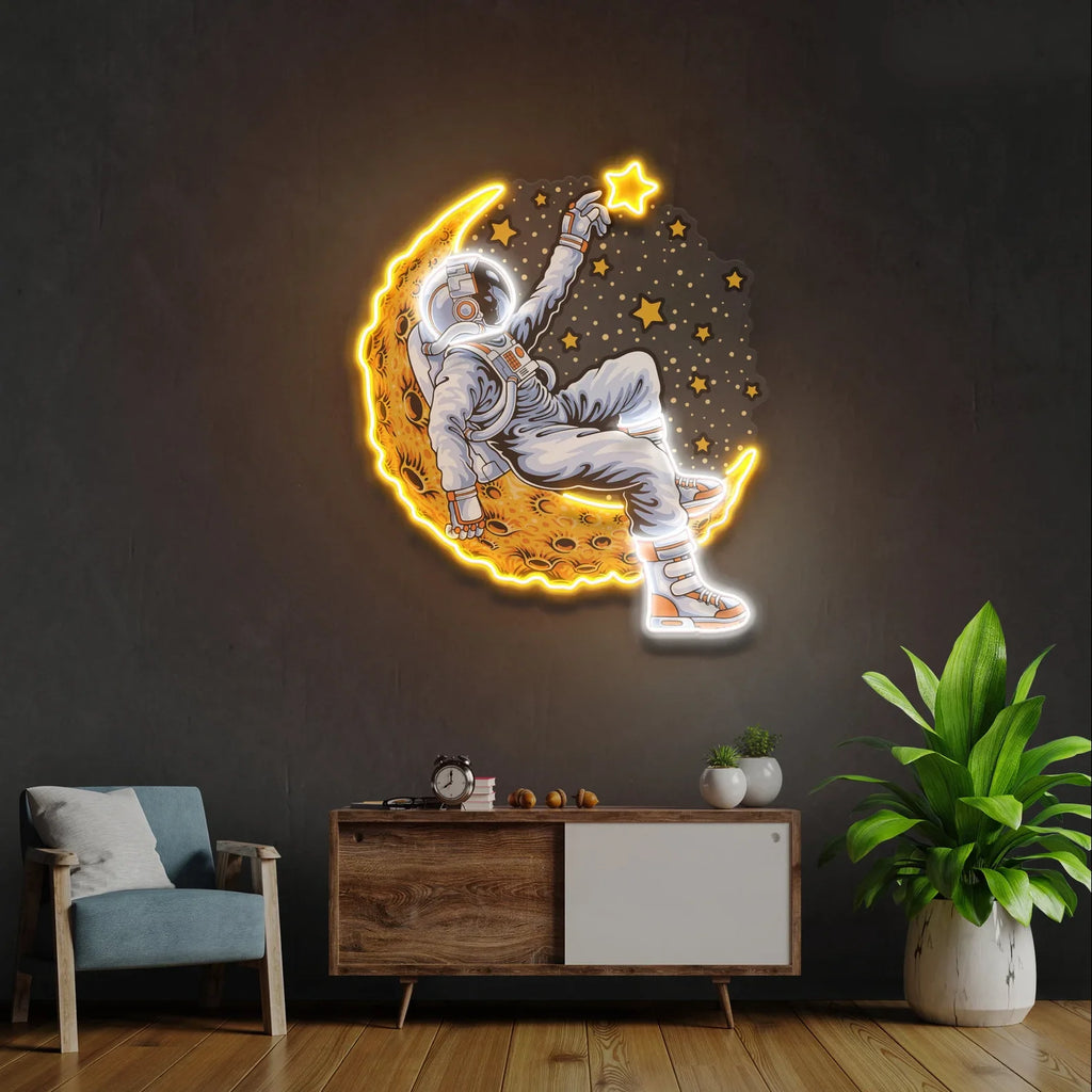 Néon astronaute sur lune – Enseigne lumineuse personnalisée, design spatial unique.