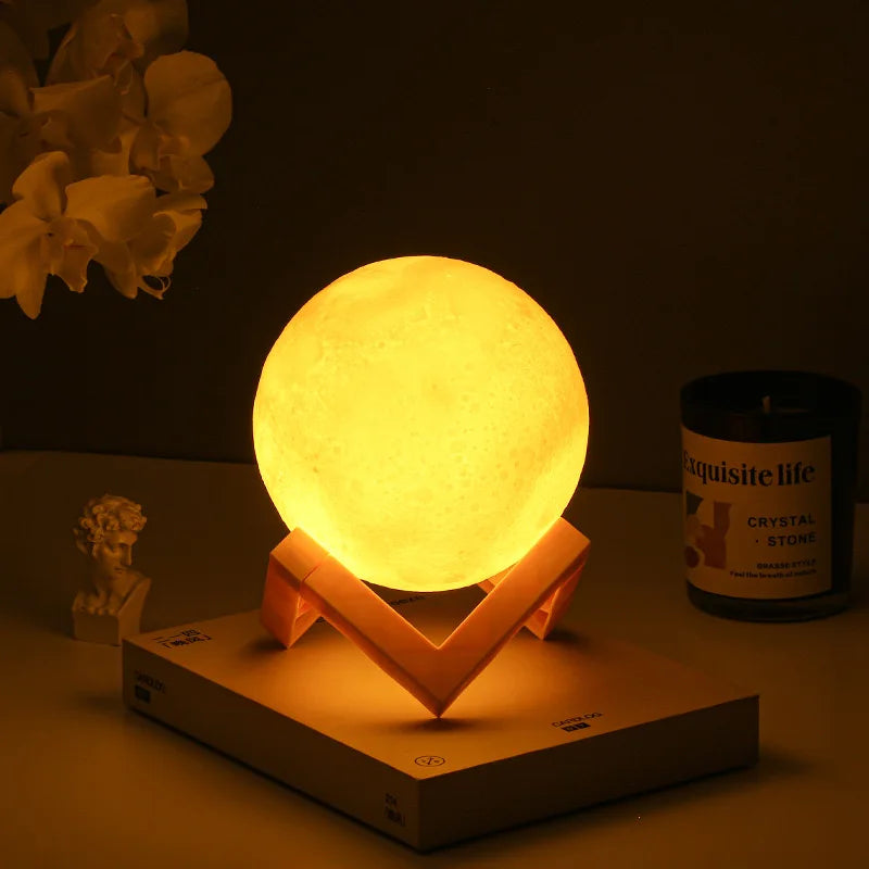 Lampe Lune LED sur Support en Bois