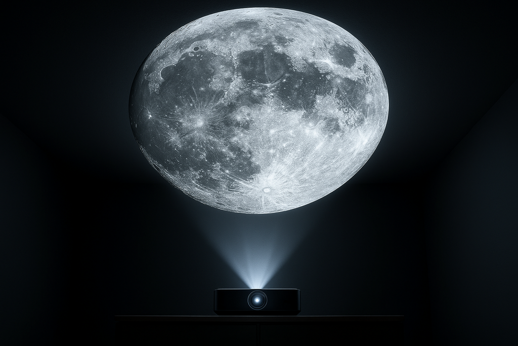 A hyper-realistic view of a ceiling in a dark room with a giant ultra-HD full moon projection covering most of it. The moon is extremely detailed, with visible craters and depth. Below, the black projector is visible on a desk or shelf, with a light beam projecting upward. The scene is immersive and stunning, focusing on the realism and quality of the lunar projection. Designed for highlighting product features in a technical section.
