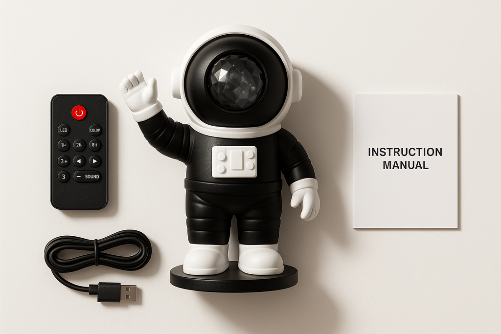 Studio-quality flat-lay of a black and white astronaut-shaped galaxy projector with all included accessories: remote control, USB cable, instruction manual. White background, soft shadows, clean modern presentation. Perfect for ecommerce product page. 3D product rendering style, high clarity, high realism.
